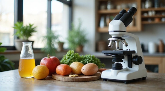 Μικροσκόπιο και επιστημονικός εξοπλισμός με υγιεινά τρόφιμα, υποδηλώνοντας έρευνα διατροφής.