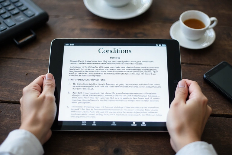 A person reading terms and conditions on a tablet, symbolizing understanding and agreement.