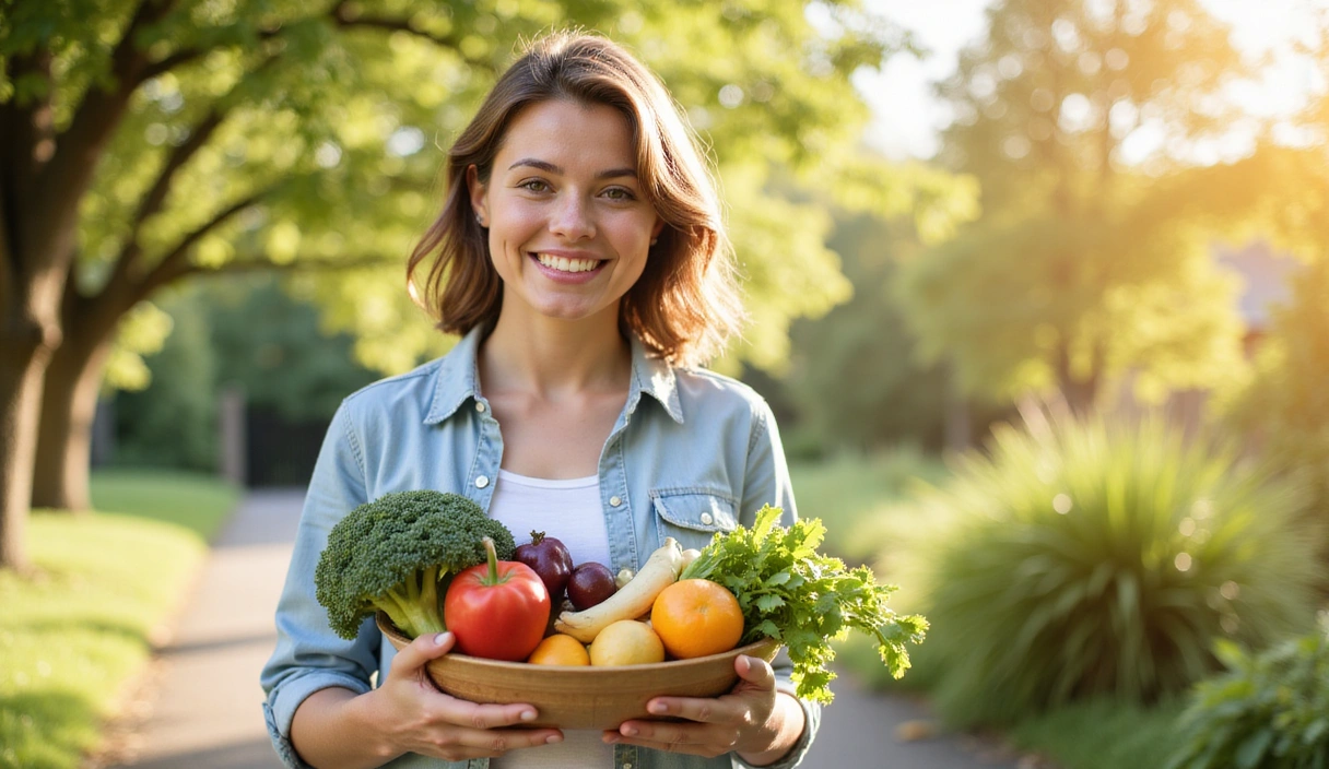 Νεαρή γυναίκα που χαμογελάει με ένα μπολ με φρέσκα φρούτα και λαχανικά στα χέρια, σε ένα φωτεινό, φυσικό περιβάλλον, συμβολίζοντας την υγεία και την ευεξία.